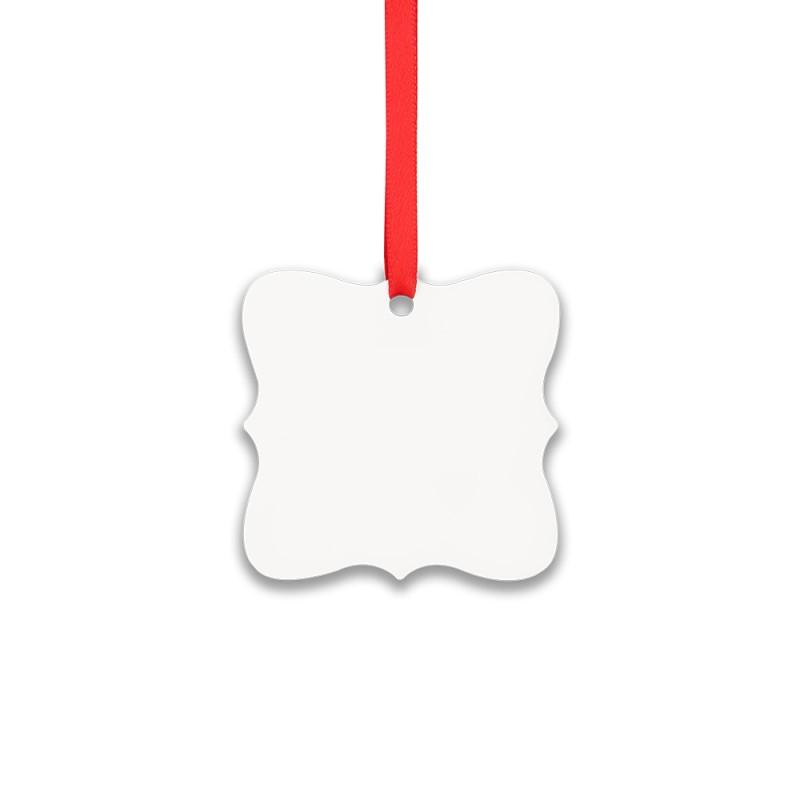 Blank scalloped square sublimation ornament with red ribbon, ideal for laser engraving