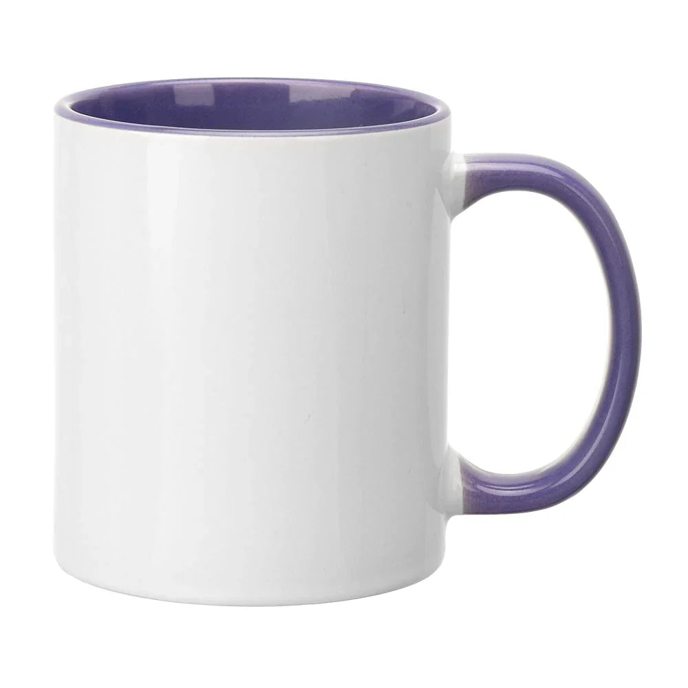 White 11oz sublimation mug with purple inner and handle, perfect for custom printing in home and kitchen drinkware collections.