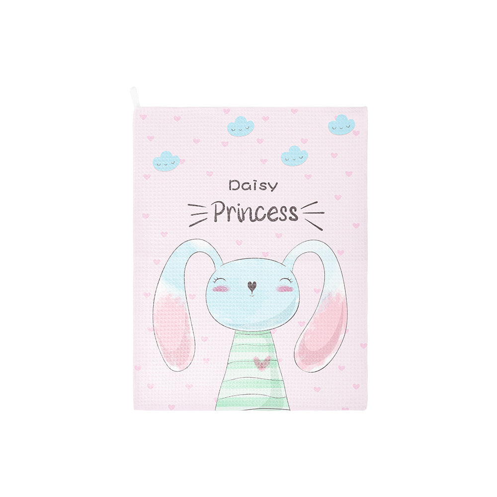 Sublimation blank cloth with cute pastel bunny, text 'Daisy Princess' and pink heart pattern