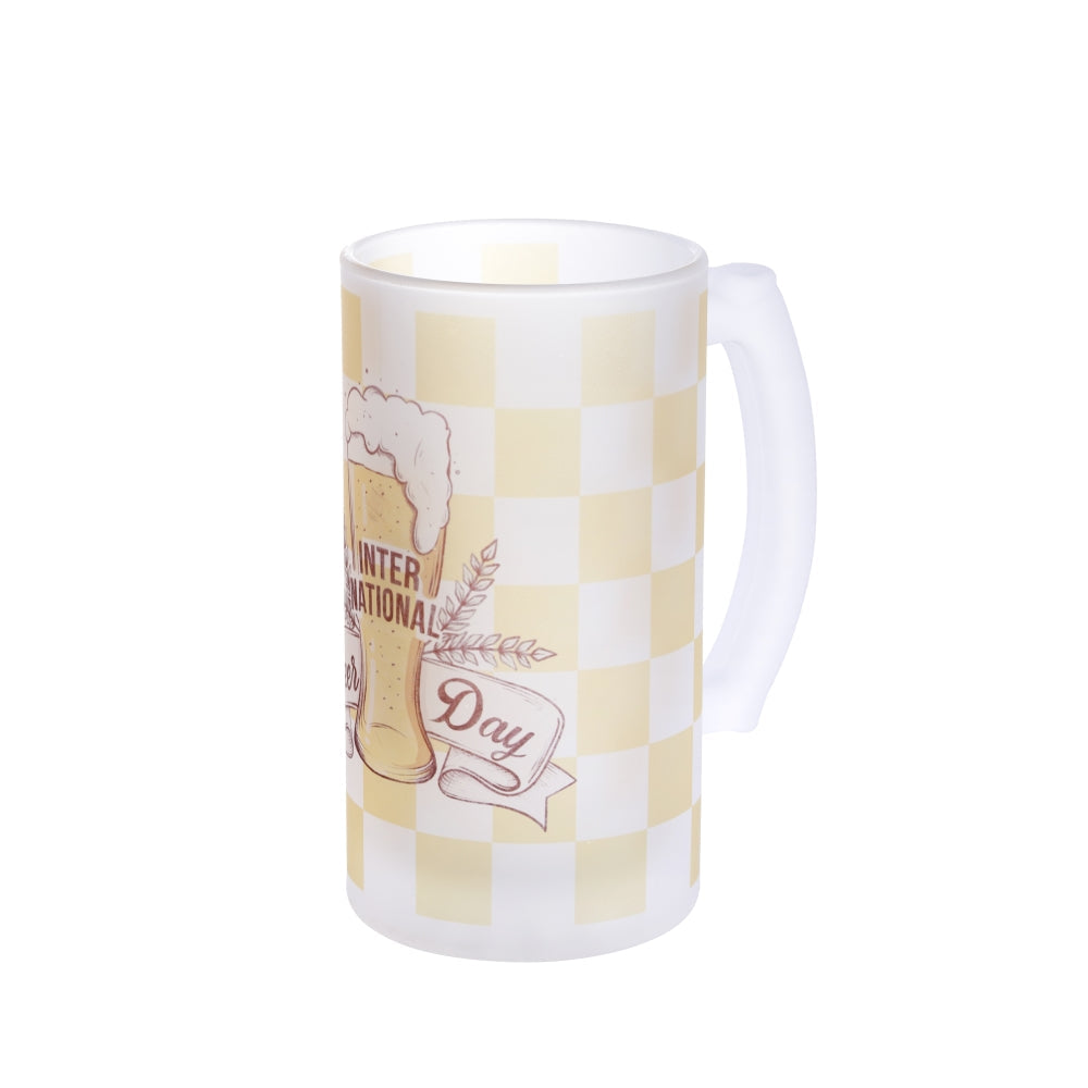 Frosted glass beer stein with checkered sublimation print and handle, ideal for engraving