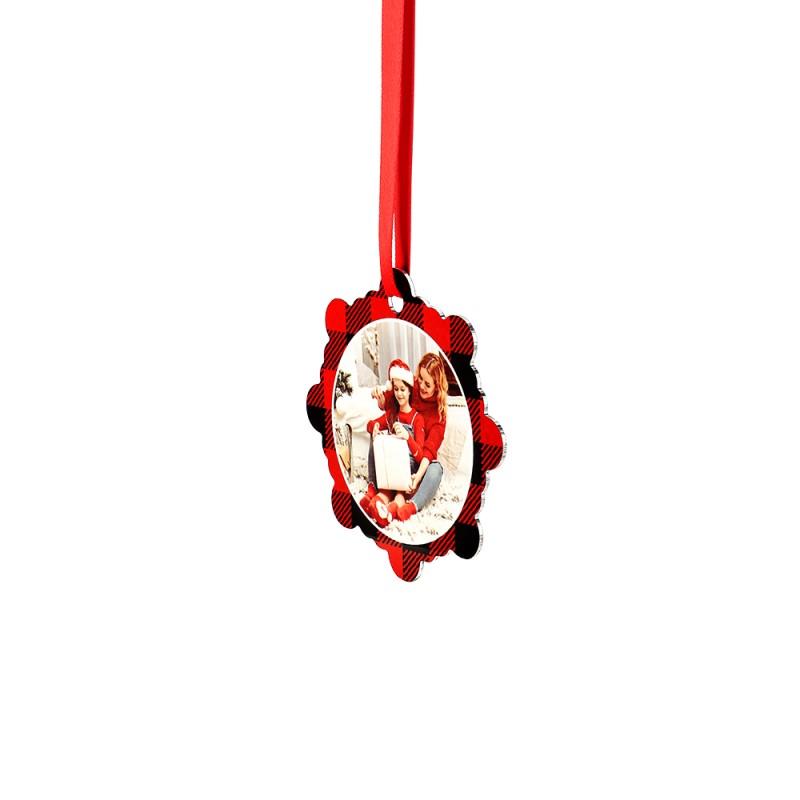 Blank sublimation Christmas ornament with red ribbon and photo insert, scalloped edge