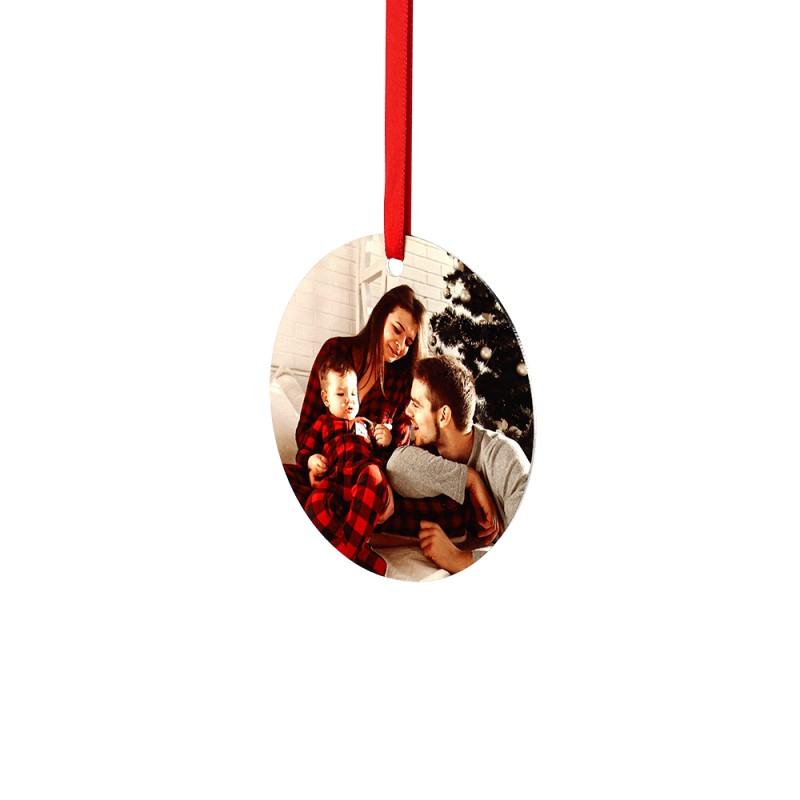 Blank sublimation photo ornament with red ribbon, perfect for personalized laser engraving