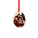 Sublimation blank round photo ornament with family image and red ribbon, Christmas decoration