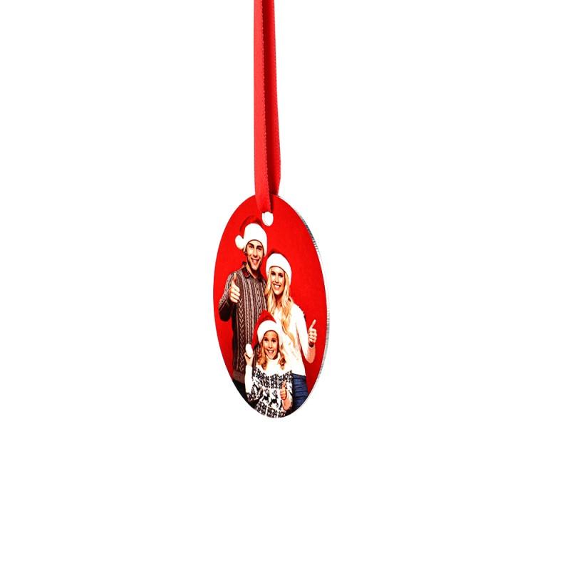 Sublimation blank oval ornament with red ribbon, printed with family photo in Santa hats