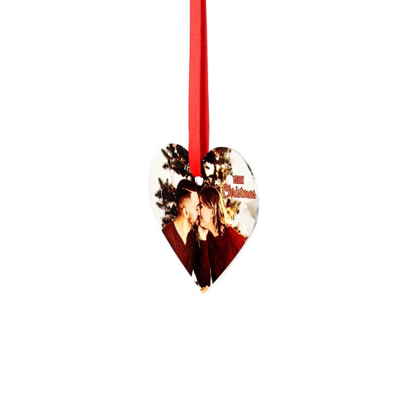 Heart-shaped sublimation blank Christmas ornament with red ribbon and custom photo print