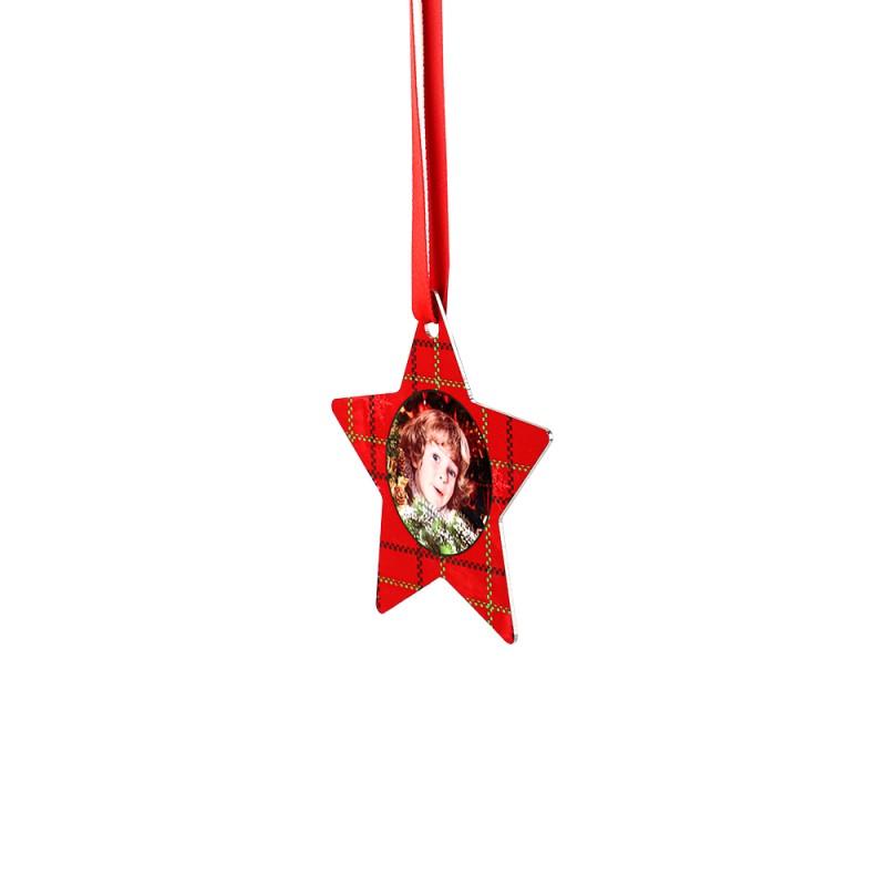 Red star-shaped sublimation blank ornament with photo insert and ribbon for laser engraving