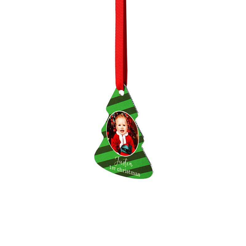 Sublimation blank Christmas tree ornament with green stripes and photo insert for laser engraving