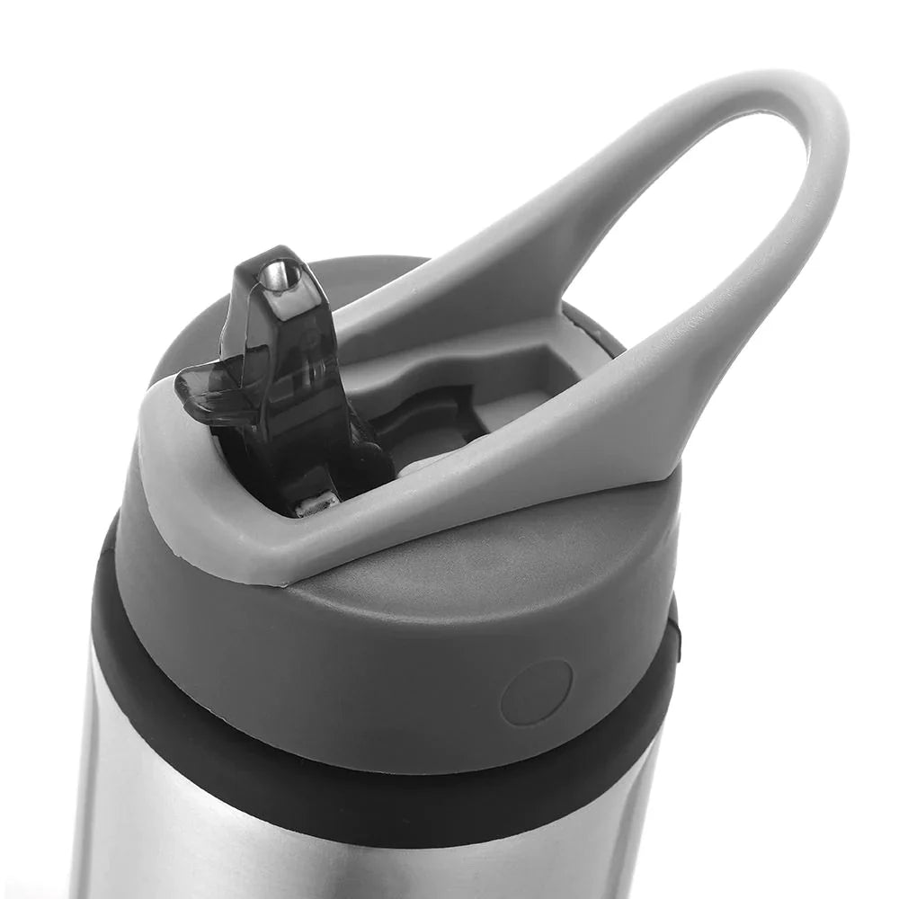 Close-up of the grey flip-top lid and spout on a 600ML sublimation aluminium bottle, designed for easy on-the-go hydration.