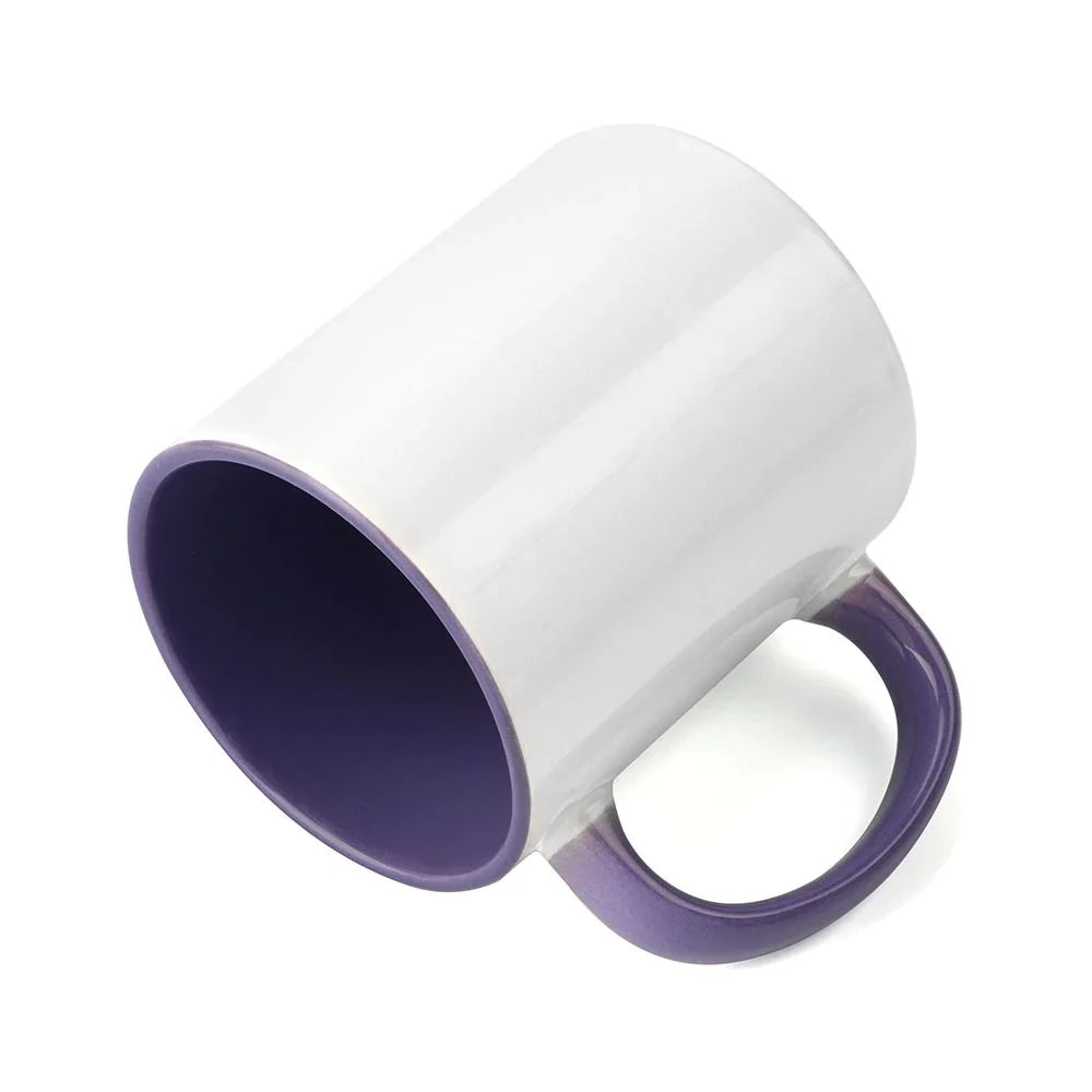 Angled view of 11oz sublimation mug showing glossy white exterior with vibrant purple inner and handle for personalized designs.
