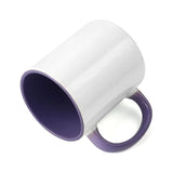Angled view of 11oz sublimation mug showing glossy white exterior with vibrant purple inner and handle for personalized designs.