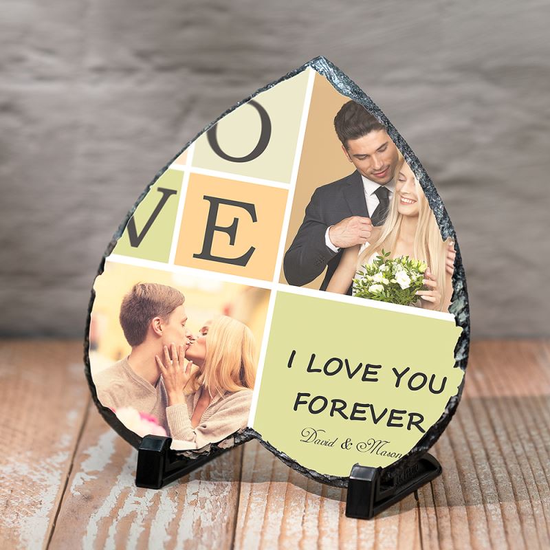Personalized sublimation photo slate with romantic couple images and I Love You Forever text