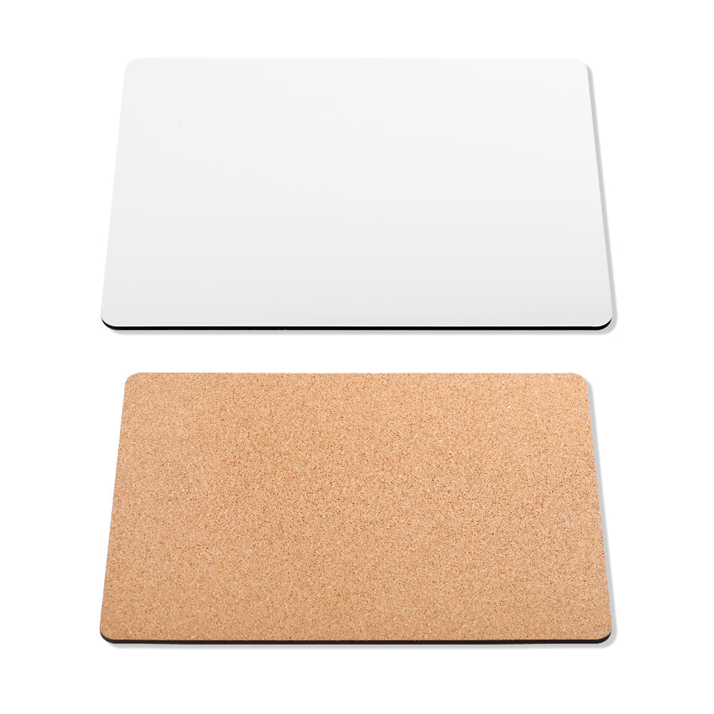 Blank rectangular sublimation MDF placemat with white top and cork backing, ideal for laser engraving.