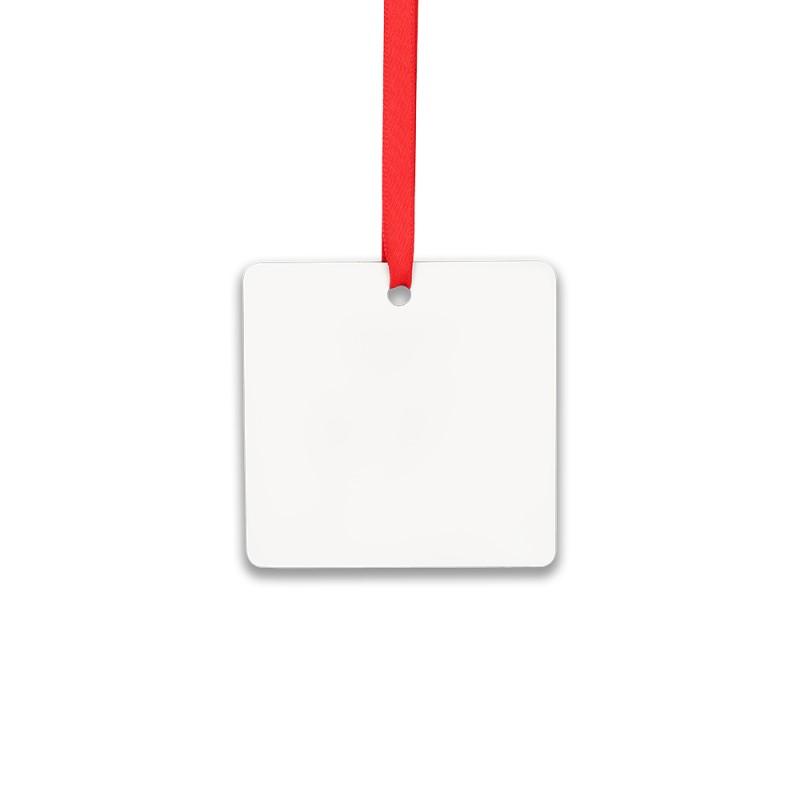 Blank square sublimation ornament with red ribbon for laser engraving or heat transfer