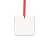 Blank square sublimation ornament with red ribbon for laser engraving or heat transfer