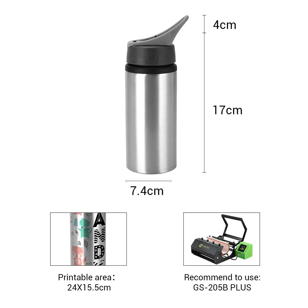 Dimensions and printable area of 600ML sublimation aluminium bottle with lid, showing 24x15.5cm print space and 17cm height.