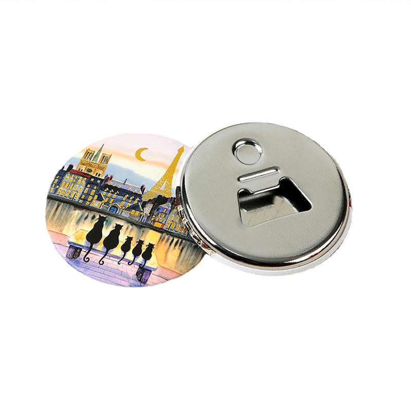 100x Magnetic Bottle Opener Badge - 58mm with Paris cat illustration, ideal for personalised gifts or promotional barware accessories.