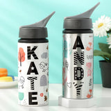 Custom sublimation 600ML aluminium bottles with names and colorful designs, showcasing personalization options for stylish hydration.