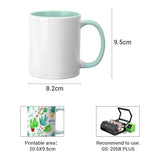 Dimensions and printable area of 11oz mint green ceramic mug shown with heat press machine recommendation for sublimation printing.