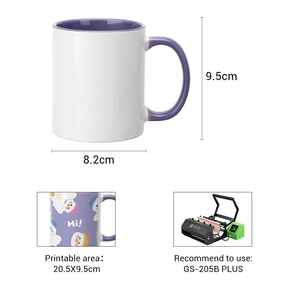 Dimensions and printable area of 11oz purple inner sublimation mug with equipment recommendation for heat press customization.
