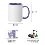Dimensions and printable area of 11oz purple inner sublimation mug with equipment recommendation for heat press customization.