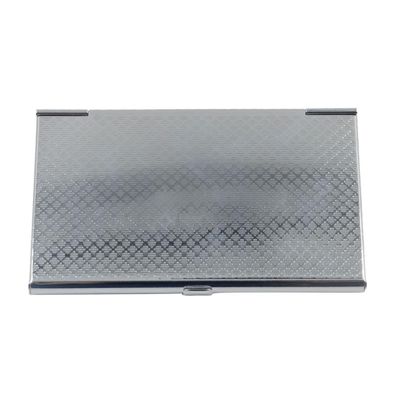 Silver metal business card holder with textured pattern, ideal for sublimation or laser engraving