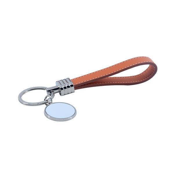 Brown leather strap keyring with round metal sublimation blank for engraving or printing