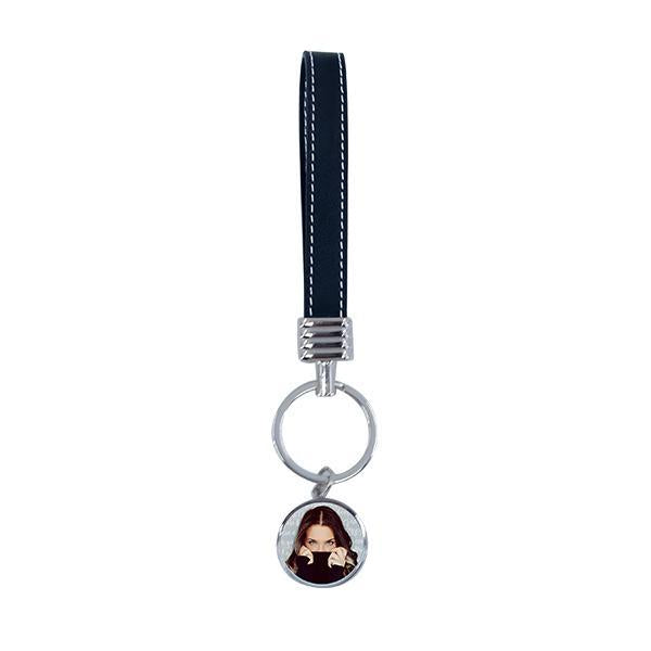 Blank sublimation keyring with faux leather loop and customizable round photo insert