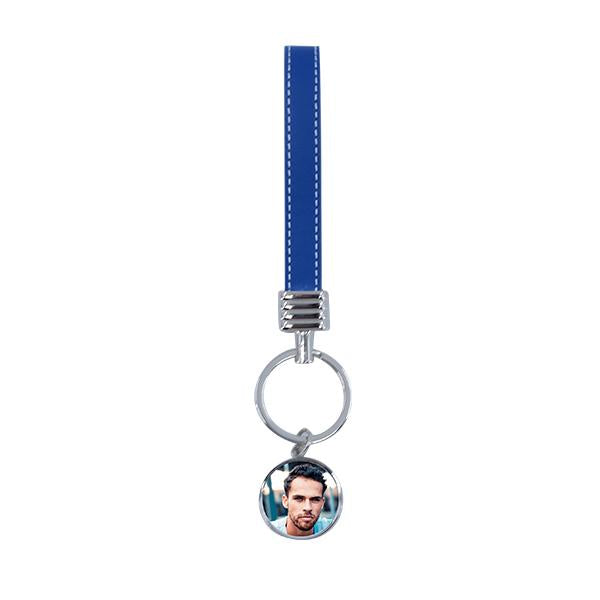 Blue strap sublimation blank keyring with customizable round photo insert, ideal for engraving
