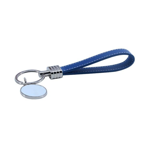 Blank round metal keyring with blue faux leather strap for sublimation or laser engraving