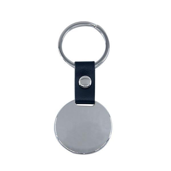 Blank round metal keyring with black faux leather strap for sublimation or laser engraving