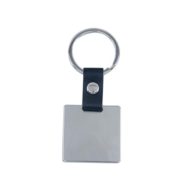 Blank metal square keyring for sublimation or laser engraving with black faux leather strap