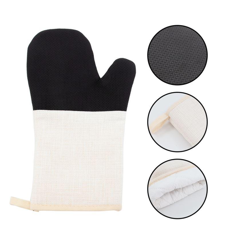 Blank sublimation oven mitt with black textured grip, white fabric panel, and detailed close-ups for printing and laser engraving projects.