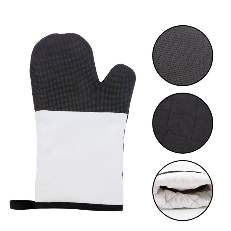 Blank sublimation oven mitt with black textured grip, quilted lining, and white exterior