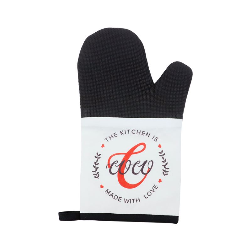 Black and white sublimation oven mitt with 'The Kitchen is Made With Love' design, ideal for heat press personalization.