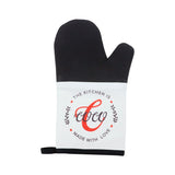 Black and white sublimation oven mitt with 'The Kitchen is Made With Love' design, ideal for heat press personalization.