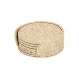 Set of round linen-textured blank coasters in a holder, ideal for sublimation or laser engraving