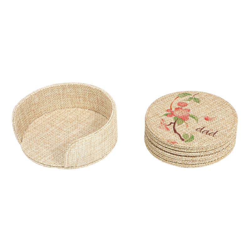 Blank jute coasters with holder, one coaster features floral sublimation print, for engraving or crafting.