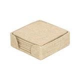 Blank beige linen coasters in a holder, suitable for sublimation or laser engraving