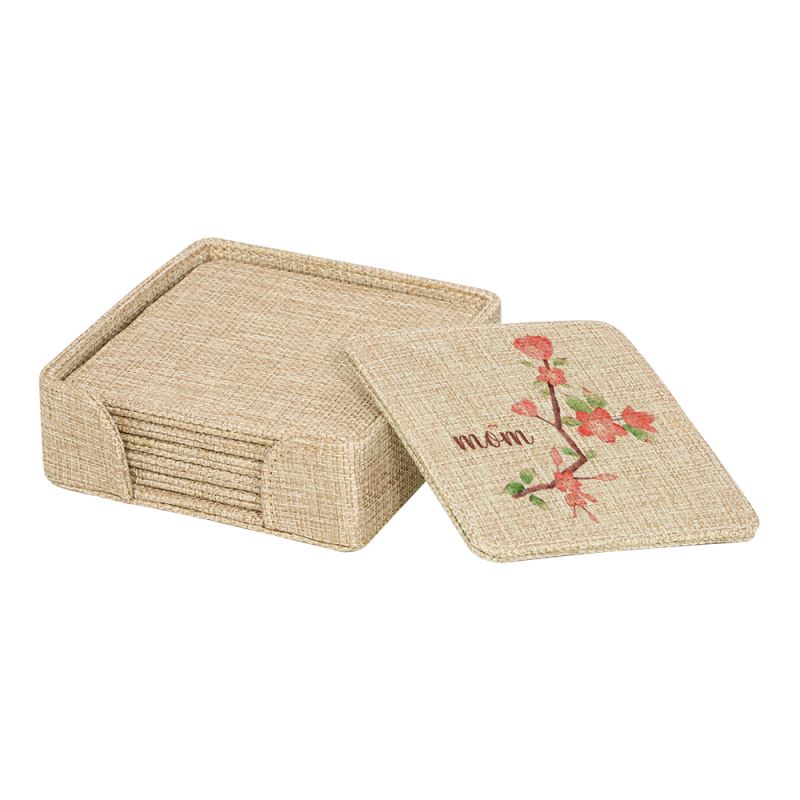 Blank linen coasters for sublimation and laser engraving, one with floral mom design