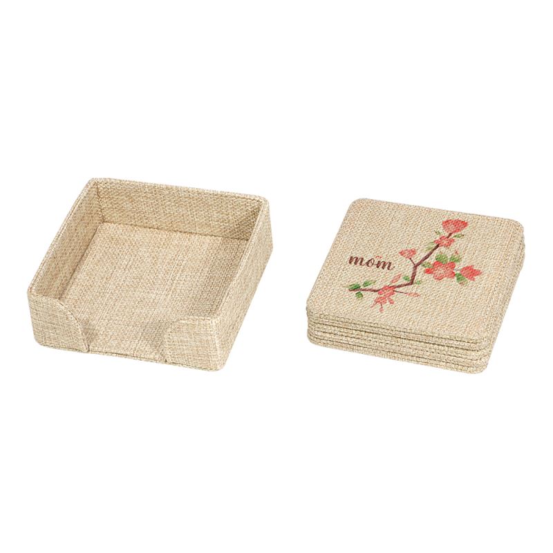Set of blank burlap coasters with holder, floral mom design, for sublimation or laser engraving