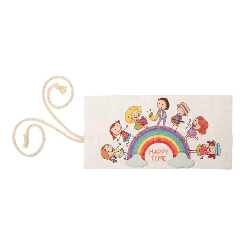Childrens sublimation blank drawstring bag with cartoon kids, rainbow, and Happy Time text.