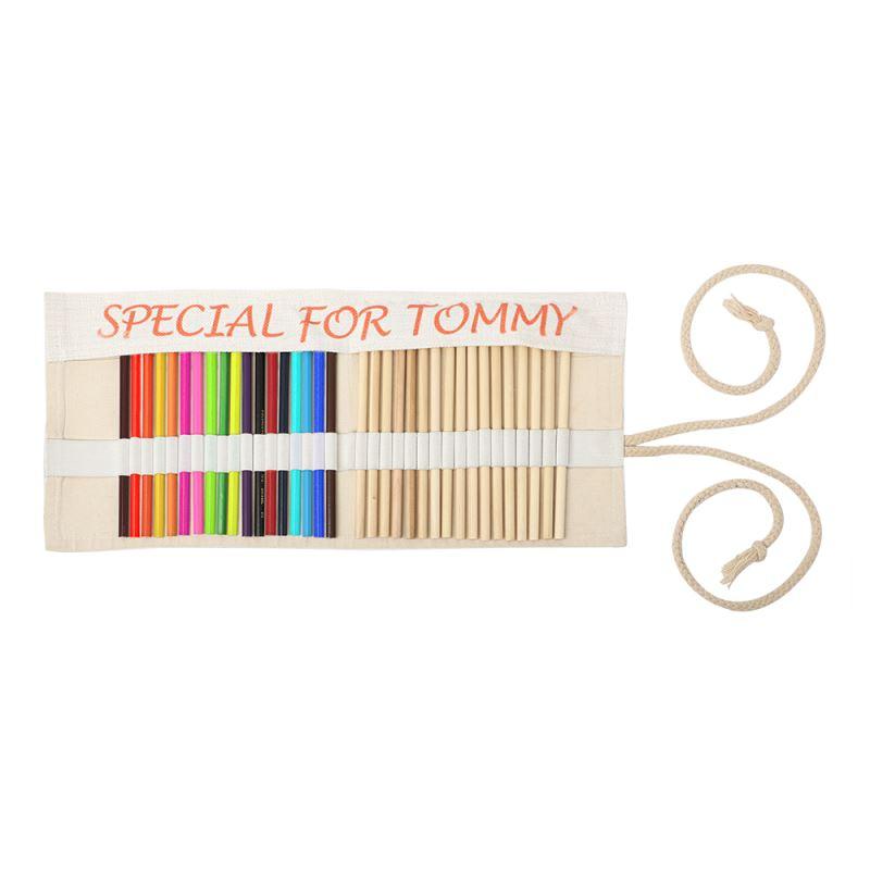 Blank canvas pencil case for sublimation, open with colored pencils and plain wood pencils inside
