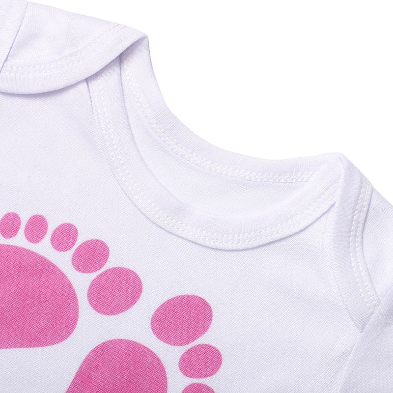 White sublimation baby bodysuit with pink footprint print, blank for custom printing