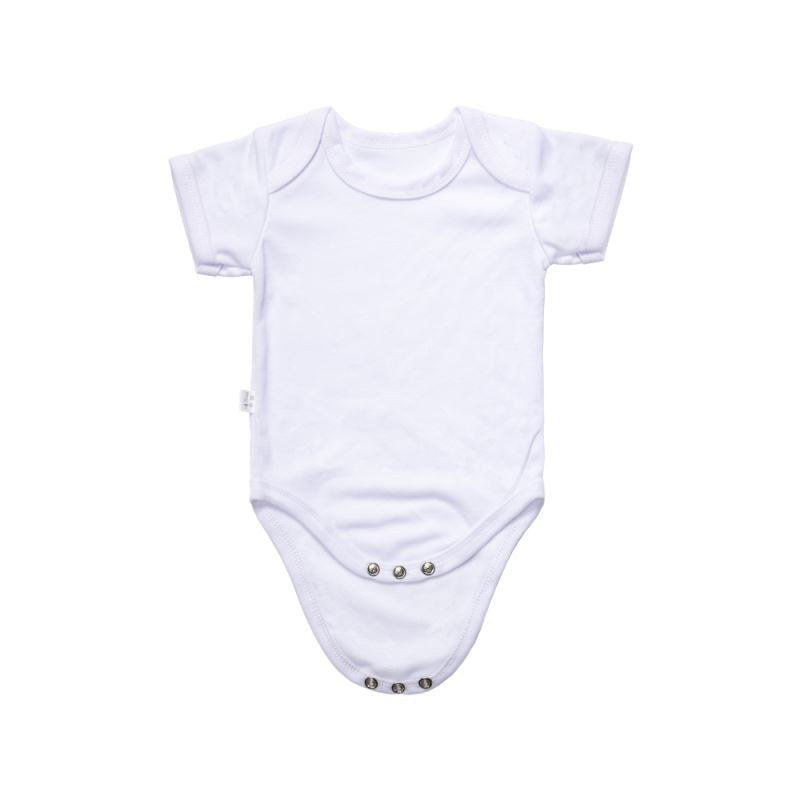 Blank white short sleeve baby bodysuit for sublimation or laser engraving, flat lay