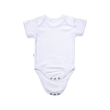Blank white baby bodysuit for sublimation and laser engraving with short sleeves and snap closures