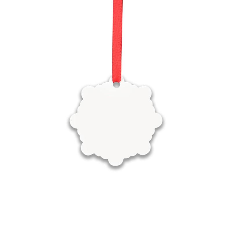 Blank sublimation ornament with scalloped edges and red ribbon, ideal for laser engraving