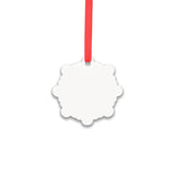 Blank sublimation ornament with scalloped edges and red ribbon, ideal for laser engraving