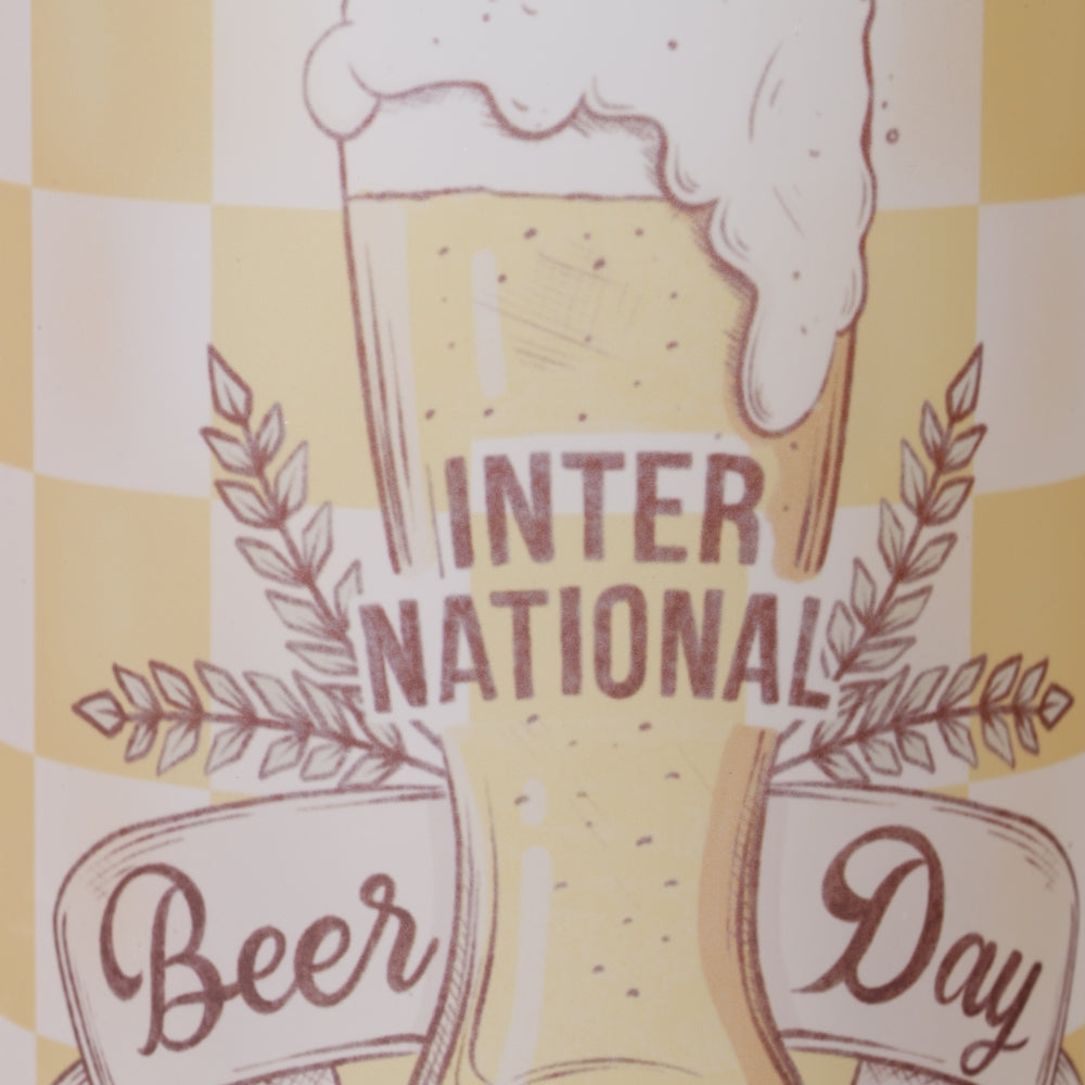 Close-up of International Beer Day sublimation blank with beer glass and wheat graphic