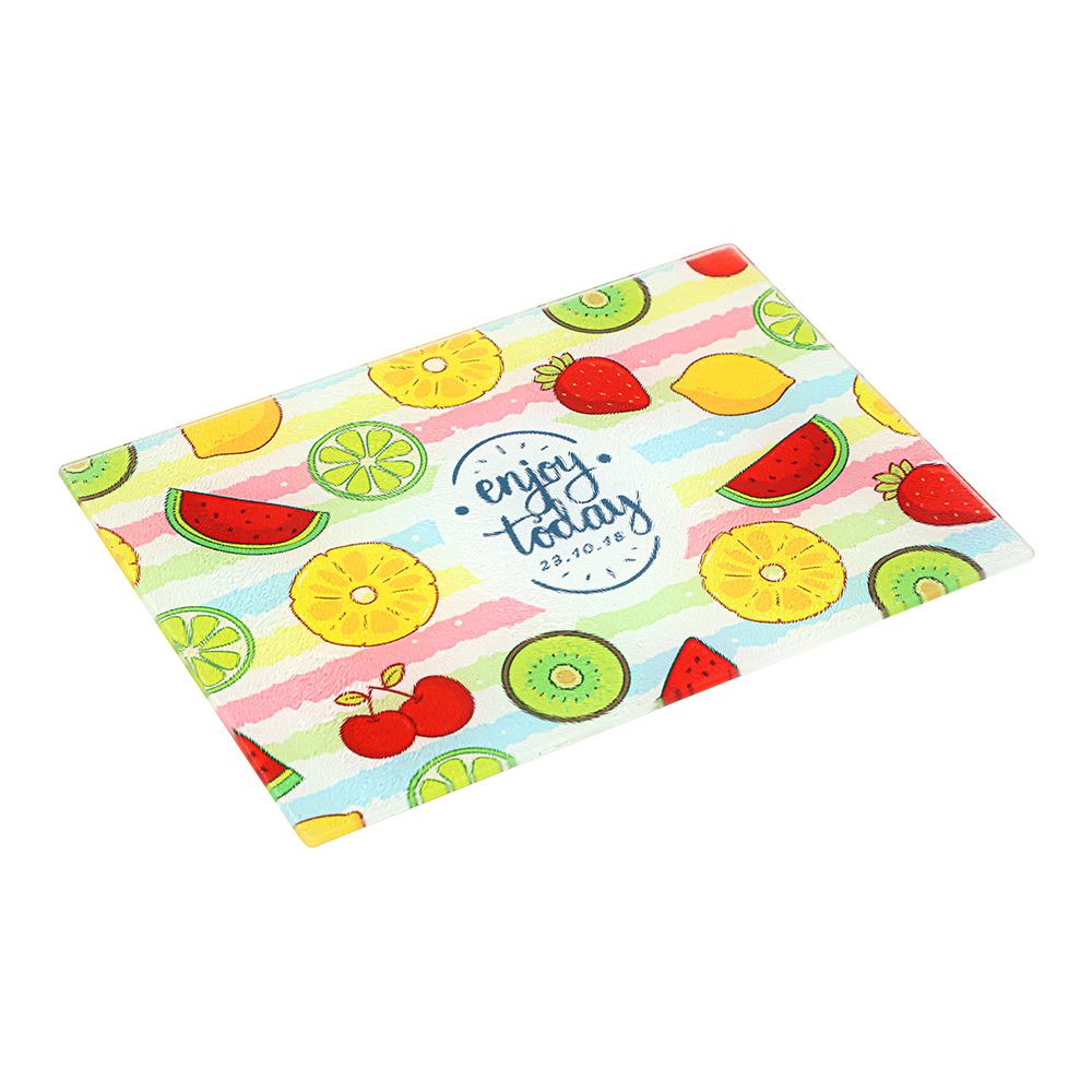 Colorful toughened glass chopping board for sublimation, with fruit print, ideal blank for laser engraving or customisation.