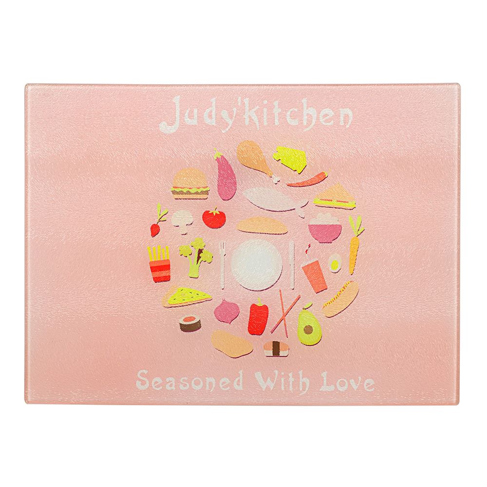 Personalised pink toughened glass chopping board with food illustrations, ideal for sublimation or laser engraving.